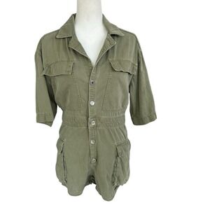 Zara Utility Romper XS Festival Summer Travel Cotton Safari Short Sleeve Green